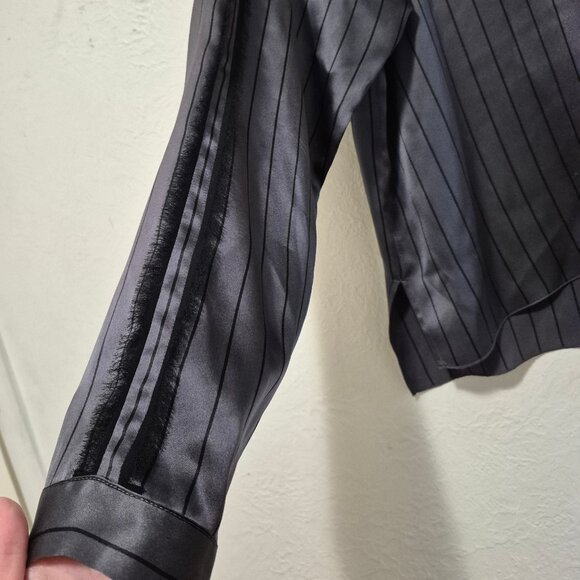 ATM Grey Silk Striped Tuxedo Pajama Blouse Size L Designer WorkMenswearInspired - Picture 13 of 16